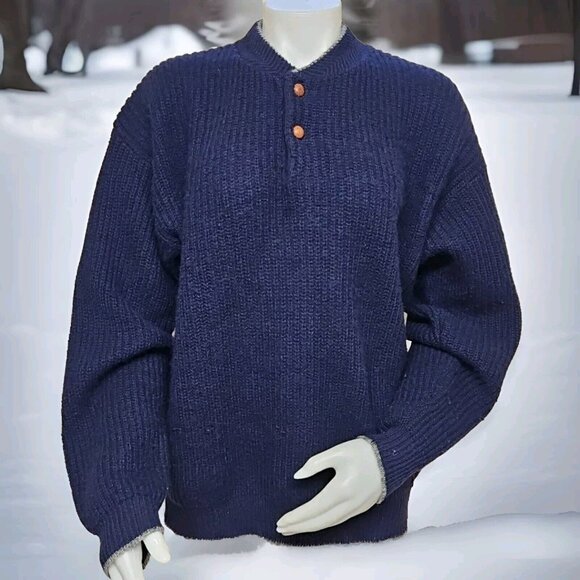 Woolrich Henley Sweater Vintage Mens Sz M Navy Blue Pure Wool Button Yale - Picture 1 of 12